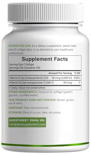DEAL SUPPLEMENT Vitamin D3 2,000 IU + K2 MK7 50mcg Softgels | 2-in-1 Complex with Virgin Coconut Oil | Supports Heart, Bone, Teeth & Immune Health | Easy to Swallow
