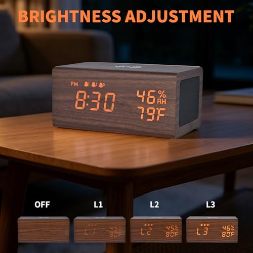 Wooden Digital Alarm Clocks,10W Wireless Charging with 3 Alarms, Dual 5W Stereo Bluetooth Speaker and Light Up with Sound, Adjustable Brightness Date Display Clock for Bedroom, Heavy Sleepers Adults — view 3
