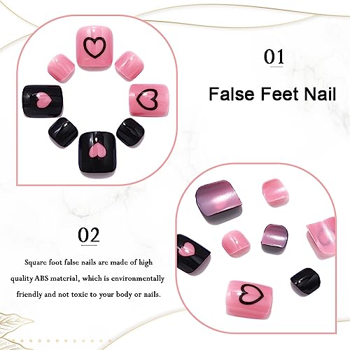 Handcess Glossy False Toenails Black Pink Press on Toe Nail Heart Fake Toenails Full Cover Acrylic Toe Nail Art Tips for Women and Girls 24Pcs - Image 3