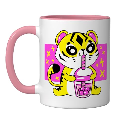 Tiger Kitten Boba Bubble Tea Cute Cat Kawaii Anime Feline Ceramic Mug, Pink/White