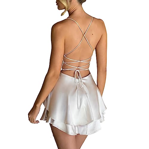 LuFeng Women\'s Elegant Satin A-line Summer Sleevesless Rompers Bandage Back Spaghetti Strape Tiered Mini Dress Jumpsuits White - Thumbnail 6