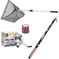 Zite Caña de pescar telescópica de 2,40 m, caña telescópica de trucha, mango de corcho, también para niños + carrete de pesca con cuerda + red telescópica de goma 1,60 m