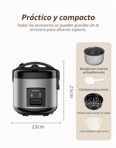 Miniatura 7 de Eamoment 1l 400 W Arrocera Y Vaporera 1 Litro-5 Tazas Para 1 5 Personas, Cocción Rápida Sin Quemar, Extraíble Antiadherente, Cuchara De Arroz Y Vaso Medidor Plateado