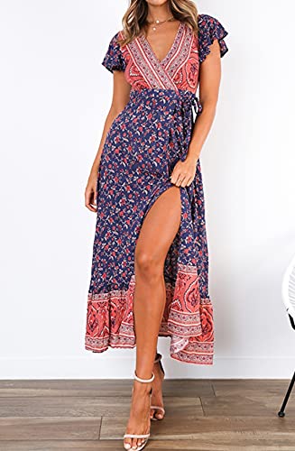 Image of R.Vivimos Women's Summer Short Sleeve Floral Print Bohemian Beach Waist Tie Wrap Long Flowy Dress with Slit