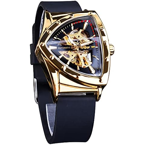 Forsining Men's Skeleton Mechanical Watches Military Automatic Steampunk Watch Triangle Racing Gold Dial Silicone Soft Band,Golden Black Cover