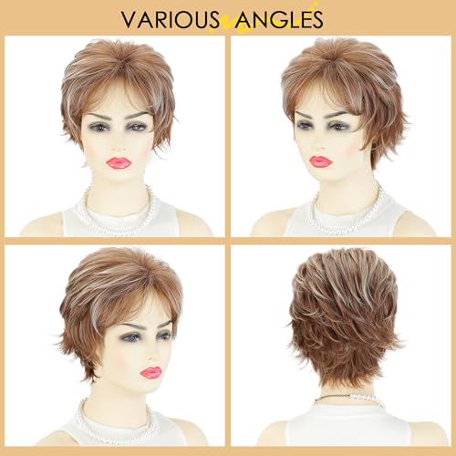 XIUFAXIRUSI XIUFAXIRUSI Short Brown Curly Wigs with Blonde Highlight Brown Pixie cut Wavy Wigs for White Women Layered Synthetic Full Wigs for Daily Party