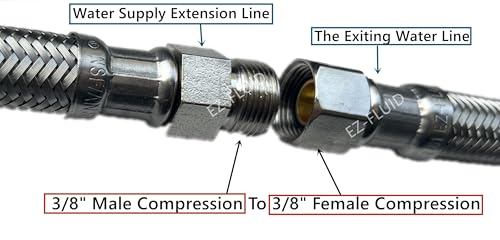 EZ-Fluid Plumbing 20" x 3/8" Male Compression To 3/8-Inch Female Comp. Stainless Steel Braided Faucet Connector Line Extension, Faucet Extension Supply Hose Connector Lines, Fits Delta Faucet (1-Pack)