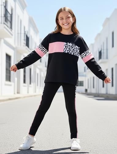 Image of PATPAT Little Girls Clothes Crew Neck Leopard Color Block Sweatshirt and Leggings Girls Outfits Size 4-12Y