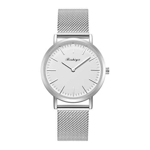 BOSHIYA Minimalist Silver Watches for Women Simple Casual Ladies Analog Quartz Watches Waterproof with Stainless Steel Mesh Band