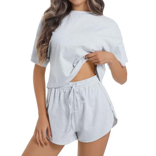 Allmloers Womens Split Short Pajama Set Striped Short Sleeve Crewneck Tee and Side Slit Sleepwear Set 2 Piece Cotton Pjs Set