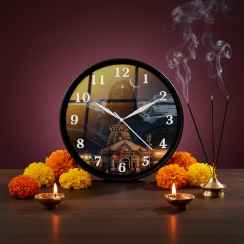Image of Lord Shiva & Kedarnath Temple Wall Clock for Home Decor | Round Analog Mahadev Adiyogi Wall Clock | Silent Non-Ticking Spiritual Hindu Wall Art for Living Room, Bedroom & Puja Room, Black