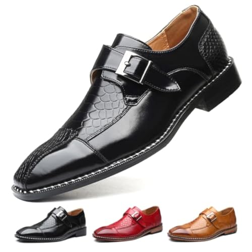 Mens Single Monk Strap Loafers Cap Toe Slip On Comfort Fashion Business Wedding Dress Leather Shoes (Black 7.5)