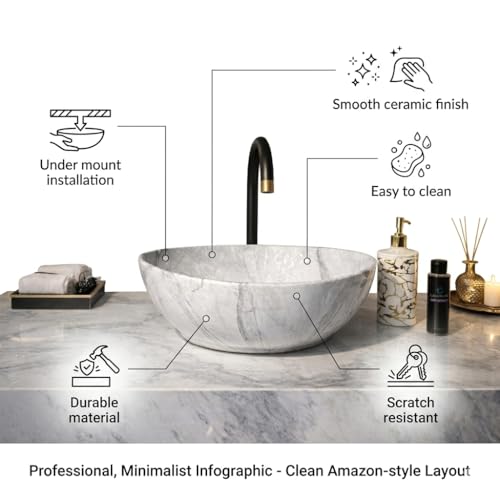 Image of Ceramic Tabletop Wash Basin - Glossy Bowl Shape Countertop Vessel Sink with Marble Finish for Bathroom & Vanity | Compact 16 x 13 x 5 Inch | Elegant Washbasin