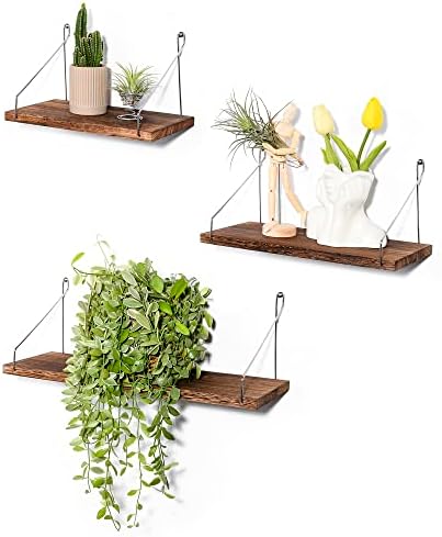 MITIME Floating Shelves Set of 3 Rustic Solid Wood Floating Shelf Wall Storage Shelves for Living Room, Bedroom, Bathroom, Kitchen Laundry, Office (Retro Color L+M+S)