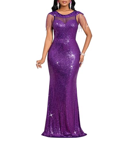Image of Cololura Women Sexy Sequin Mesh Perspective Bodycon Party Cocktail Evening Gown Maxi Dress
