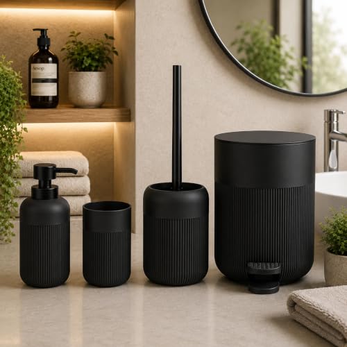 Akrilik Banyo Seti 5 Parça, Çöp Kovası, Tuvalet Fırçası, Sıvı Sabunluk, Diş Fırçalık ve Bardak, Modern Tasarım, Dekoratif Banyo Aksesuar Seti, Özel Desen Siyah