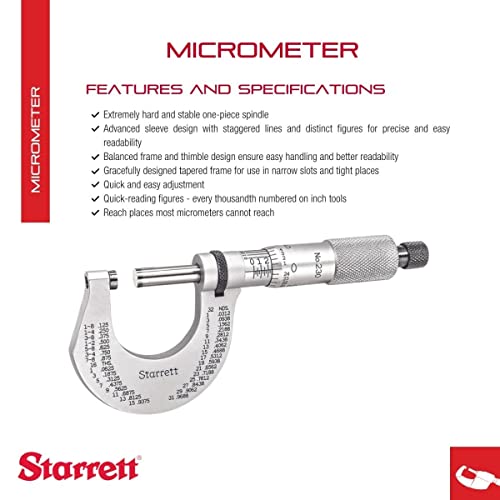 Starrett Outside Micrometer With One-Piece Spindle, Advanced Sleeve Design And Tapered Frame - Quick And Easy Adjustment,0-1" Range.0001" Graduations - T230Xrl #TOP1