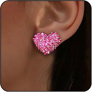 Rhinestone Silver Star Earrings Hot Pink Heart Earrings for Women Sparkly Black Earring Large Big Chunky Statement Stud Earring Bling Dainty Unique Trendy Jewelry