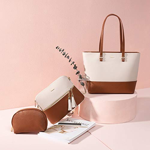 Lovevook Handbags For Women Fashion Tote Bags Shoulder Bag Top Handle Satchel Purse Set 3Pcs Light Brown #TOP5