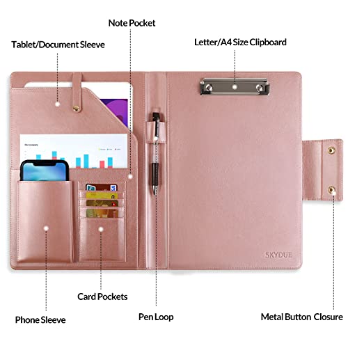Skydue Padfolio, Leather Portfolio For Women 9.5" X 13", Leather Portfolio With Clipboard, Letter A4 Size Writing Pad, Tablet/Phone Sleeve, Card Pockets #TOP4