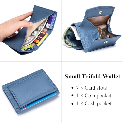 Image of Small Wallet Women Genuine Leather RFID Blocking Trifold Tiny Wallets with Snap Coin Pouch 7 Card Solts