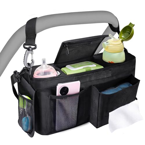 Image of INFANZIA Universal Adjustable Stroller Organizer with Insulated Cup Holders, Phone Bag & Detachable Shoulder Strap, Fits Uppababy, Doona, Britax, Jogging Strollers and Most Baby Strollers (Black)