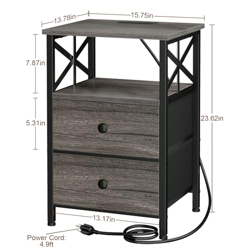 AMHANCIBLE Night Stand Set 2, Nightstand with Charging Station, Small Bedside Table with 2 Fabric Drawers, End Tables Living Room with USB C Ports for Bedroom, Dark Grey HET05XDG by AMHANCIBLE - Image 4