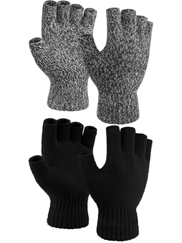 Cooraby 2 Paar verdickte Kaschmir-warme Halbfingerhandschuhe Winter gestrickte fingerlose Handschuhe für Damen und Herren, Schwarz, Schwarz und Weiß, M