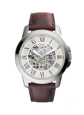 Fossil Orologio Grant da uomo, movimento meccanico automatico, cassa in acciaio inossidabile argento da 45 mm con cinturino in pelle, ME3099