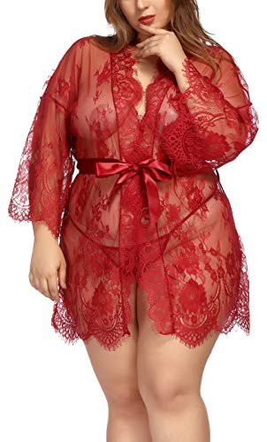 TGD Womens Lingerie Lace Plus Size Kimono Robe Mesh Nightgown Dress Sets