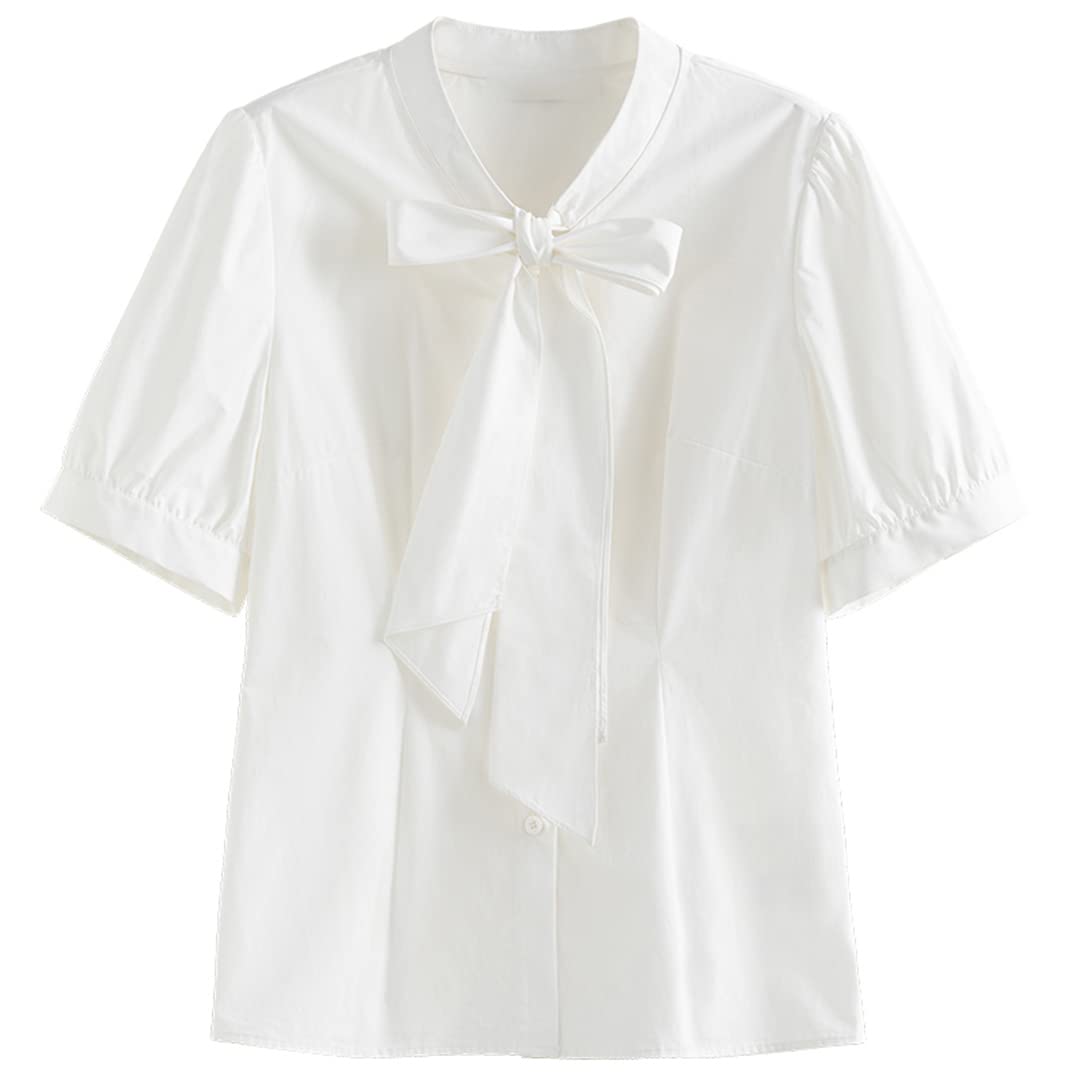 Blusas Blancas de Manga Corta con Cuello de Pajarita para Mujer Camisas Informales de algodón para Mujer de Oficina con Encaje Recto