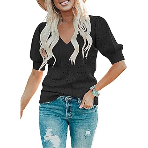 Foshow Womens Fall V Neck Puff Short Sleeve Sweaters Loose Knit Dot Pullover Tops Lightweight Sweater Blouse Shirt Cover