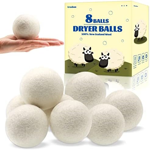 Wool Dryer Balls 8 Pack -Erosbon Premium Organic New Zealand Wool,Natural Fabric Softener for Sensitive Skin-Reusable Laundry Dryer Balls,Reduce Wrinkles & Save Time, Baby Safe & Hypoallergenic…