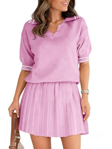 Fisoew Womens Summer 2 Piece Skirt Sets Short Sleeve V Neck Knit Sweater Tops Pleated Mini Skirt Casual Lounge Sets