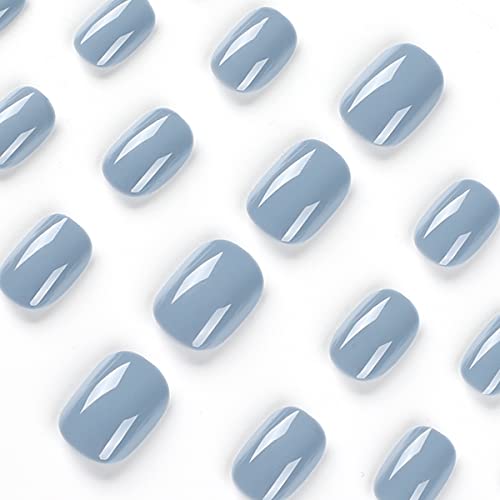24 Pcs Press On Nails Short Fake Nails Sky Gray False Nails With Glue Full Cover Glossy Glue On Nails Pure Color Acrylic Nails Square Stick On Nails For Women Girls #TOP4
