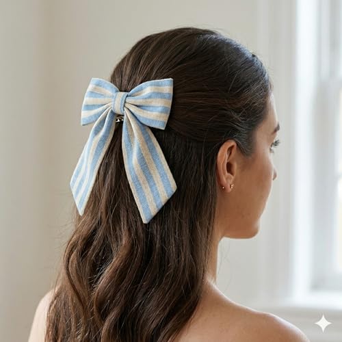 Image of Radhu & Kabby Premium Fabric Hair Bow Clip for Women & Girls | Cute Striped Cotton Bow Hair Accessory