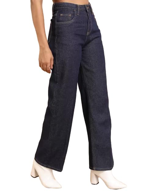 linaria Women's Wide Leg Jeans, Dark Blue, Loose Fit, Mid Rise-picture-24