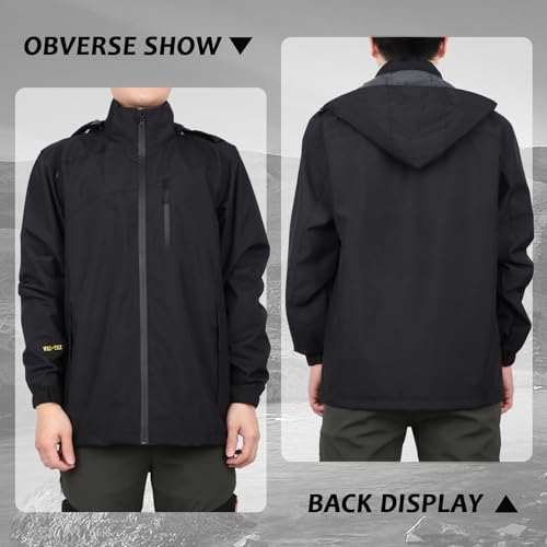 Ynport Crefreak Wasserdichte Herren Regenjacke für den Außenbereich Atmungsaktiv Gefüttert Wander Regenmantel Winddichter Regenanzug mit Abnehmbarer Kapuze und Reißverschlusstasche, Schwarz, L