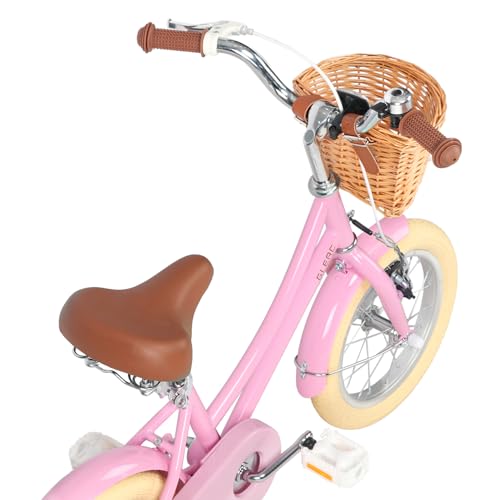 Glerc &lrm;Little Molly 12 Inch Kids Bike, Retro Cruiser Girls Bicycle for Children Ages 2-4 Years Old, Toddler Bike with Wicker Basket & Training Wheels, Pink