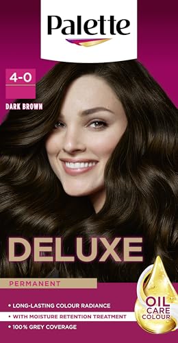 Palette Deluxe Creme Colouration 4-0 Dark Brown Hair Dye Permanent Hair Dye Long-Lasting Hair Colouring with Moisture Retention Treatment and 100% Grey Coverage