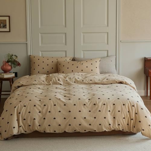 Image of Heart Duvet Cover Full Size Brown Hearts Vertical Ticking Striped Bedding Set Vintage Striped Love Heart Soft Breathable Microfiber Comforter Cover Set with Zipper Closure and 2 Pillowcases