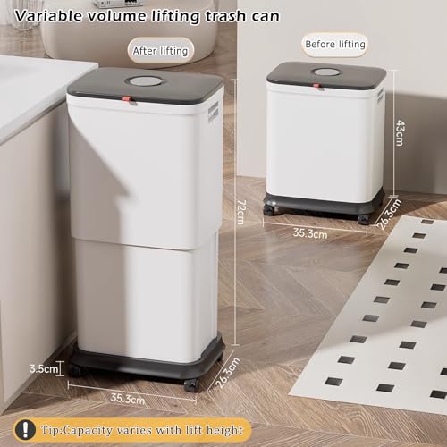 Kitchen Trash Can with Lid, 13 Gallon Liftable Garbage Can, 45L Modern Slim Kitchen Bin with Wheels and 15 Bin Liners, Plastic Trash Can for Bathroom,Bedroom, Living Room,Office(White)