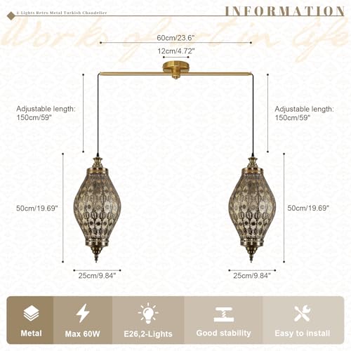 Image of 2-Light Linear Pendant Retro Metal Hanging Chandelier Brushed Brass