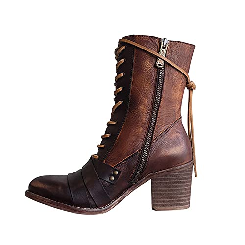 oiangi Womens Winter Boots High Heel Fashion Round Toe Lace