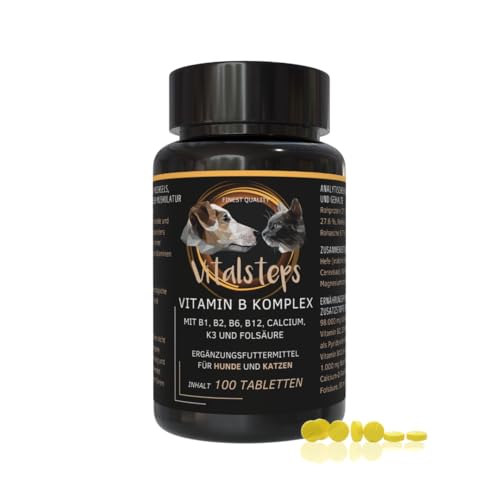 Vitalsteps Vitamin B Komplex | B1, B2, B3, B5, B6, B9, B12, Calcium, Folsäure und Vitamin K für Hund u. Katze ca. 100 Tabletten