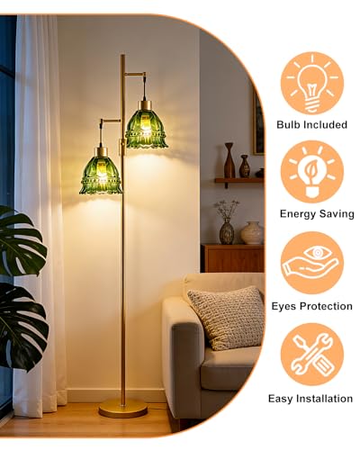 Image of 2-Light Modern Glass Floor Lamp, Gold Standing Tall Lamp with Green Lace Glass Shade for Reading, Dimmable LED Floor Lamp with 5Lbs Heavy Base for Living Room Bedroom Home Decor, Bulb Included