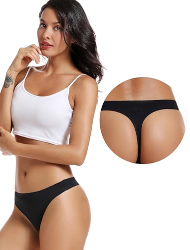 Black No Show Underwear Thongs for Women,Seamless Ladies Thong,Invisible No Line Breathable Comfortable Panties,Soft Gym Workout Undies Underpants for Woman, Athletic Running Wide Gusset Tangas,5-Pack