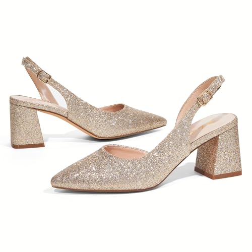 Elisabet Tang Women's Pumps Slingback 2 Inches Block Chunky Heels with Closed Pointed Toe Thick Low Pumps Wedding Party Prom Dating Casual Work Dressy Black Silver Gold Glitter Hot Pink4