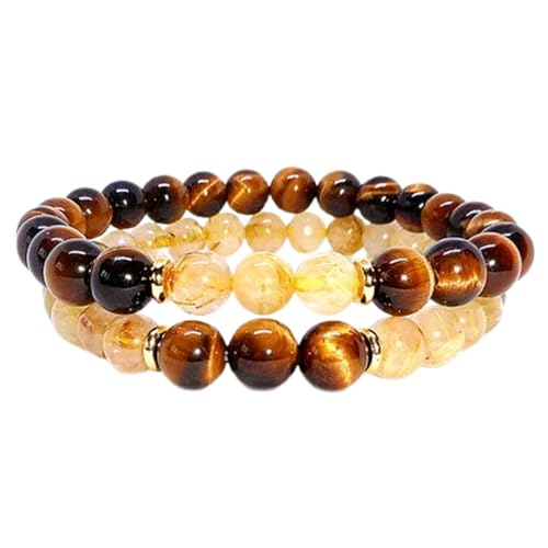Tigers Eye & Rutilated Quartz 8mm Round Smooth beads Long Distance Couples Love Friendship Combo Bracelet Set - Couples Relationship Stretchable Bracelets set|BRCP_VG_297