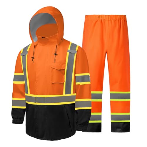 FFTSAFEWARP Hi Vis Rain Jackets for Men Reflective Waterproof High Visibility Class 3 Safety Rain Suit with Black Bottom,Removable Hood